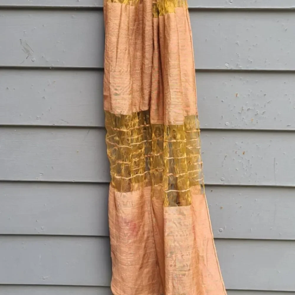 Raw Silk Feel Brown Scarf with Flowers